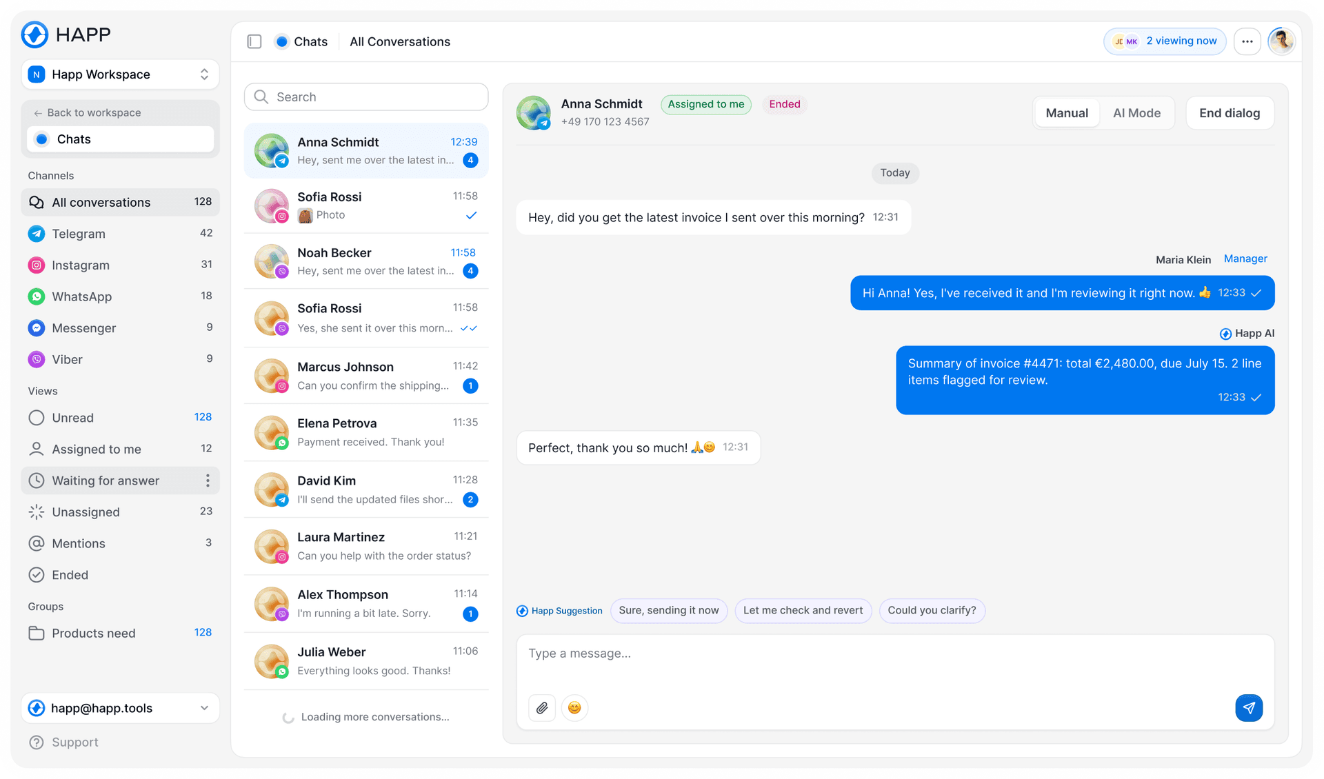 One inbox holding Telegram, Instagram, WhatsApp and Viber, with the AI answering in the thread and offering the manager three replies to send next